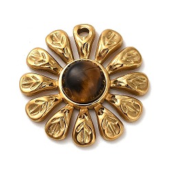 Тигровый глаз Подвески из натурального тигрового глаза, 304 подвески в виде подсолнуха из нержавеющей стали, золотые, 24x24.5x5.5 мм, отверстие : 1.8 мм