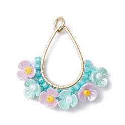 Бледно-бирюзовый Стеклянные подвески из бисера, с фурнитурой из нержавеющей стали и бусинами из искусственного жемчуга, слезинка с цветком, бледные бирюзовая, 27x28x5 мм, отверстие : 3 мм