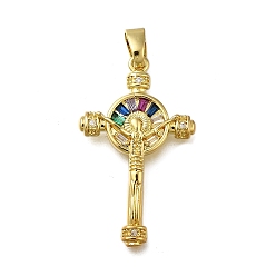 Настоящее золото 18K Латунные микропаве прозрачные подвески с фианитом, крест, долговечный, стойки покрытие, без свинца и без кадмия, реальный 18 k позолоченный, 32x19x3 мм, отверстие : 6x3 мм