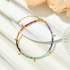 Mixed Stone Chakra Grade A Natural Amethyst & Lapis Lazuli & Amazonite & Green Aventurinee & Tiger Eye & Carnelian & Red Jasper Faceted Round Beaded Anklets, Brass Teardrop Anklets, Golden, 9-1/8 inch(232mm)