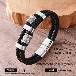 Stainless Steel Color Vintage 304 Stainless Steel Braided PU Leather 2-Strand Bracelets with Magnetic Clasps for Men, Black, Stainless Steel Color, Inner Diameter: 2.76 inch(7cm)