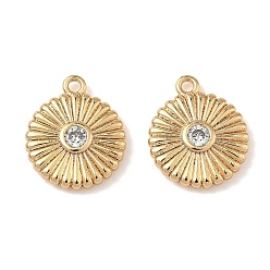 Настоящее золото 18K Подвески из латуни с микропаве из кубических цирконий с рифленой отделкой, долговечный, плоский круглый шарм, реальный 18 k позолоченный, 15.5x13x3 мм, отверстие : 1.4 мм
