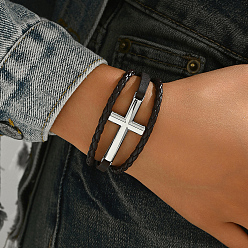 Черный Плетеные браслеты из искусственной кожи в стиле панк, украшения из цинкового сплава для мужчин и женщин, крестик, чёрные, 7-7/8 дюйм (20 см), внутренний диаметр: 8-1/4 дюйм (21 см)