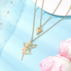 Золотой Кулон из нержавеющей стали в форме феи и сердца 304 Двухслойные ожерелья из нержавеющей стали с цепочкой для женщин, золотые, 16.38 дюйм (41.6 см)