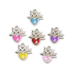 Mixed Color CCB Plastic Enamel Pendants, Platinum, Heart & Arrow with Word You Charms, Mixed Color, 23.5x22x2.5mm, Hole: 2.5mm