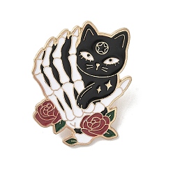 Черный Эмалированные булавки на Хэллоуин, булавки для лацканов из сплава для одежды рюкзака, кот со скелетом руки, чёрные, 30.5x25 мм