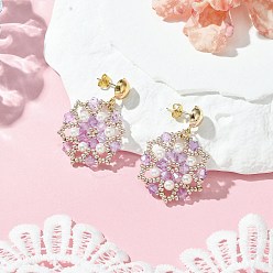 Сливовый Цветочные стеклянные бусины ручной работы и подвесные серьги-гвоздики с ракушками и жемчужинами, с металлическими серьгами, золотые, слива, 39.5x26.5 мм