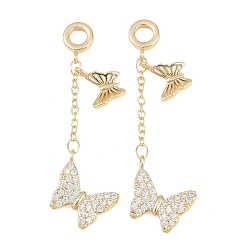 Золотой Подвески-шармы в виде бабочки из латуни с микропаве и прозрачными кубическими циркониями., Подвески с большими отверстиями, долговечный, стойки покрытие, золотые, 52.5 мм, отверстие : 4.2 мм