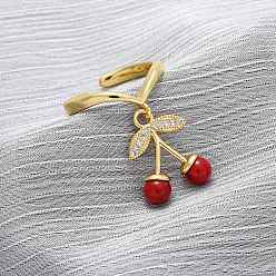 (123L) Белый крем непрозрачный блеск Открытые манжеты из латуни с микропаве и цирконием для женщин, вишня, с пластмассовой жемчужиной abs, стойки покрытие, прочное покрытие, без кадмия и без свинца, реальный 18 k позолоченный, огнеупорный кирпич, 18.5x14.5 мм, размер США 7 1/4 (17.5 мм)