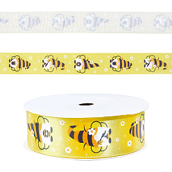 Yellow Polyester Ribbon, Bees, for Garment Accessories, Gift Decoration, Yellow, 1 inch(25mm), about 9.84 Yards(9m)/Roll