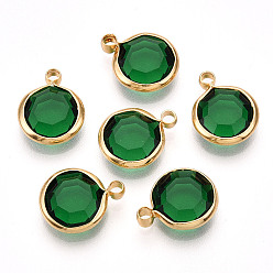 Зеленый K 9 стеклянные подвески, плоско-круглые, с латунной фурнитурой , граненые, реальный 18 k позолоченный, зелёные, 13.5~14x10.5~11x3.5~4 мм, отверстие : 1.8 мм