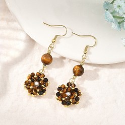 Tan Natural Tiger Eye and Shell Pearl Braided Dangle Earrings, Flower, 304 Stainless Steel Dangle Earrings, Golden, Tan, 58x18mm