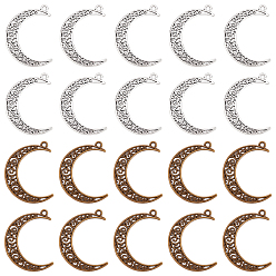 Антично-бронзовый и Антично-серебристый 40 шт 2 стили подвески из сплава в тибетском стиле, луна, античная бронза и старинное серебро, 40x29~30x1~1.5 мм, отверстие : 2~2.5 мм, 20 шт / стиль