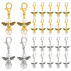 Платиновый & Золотой 40 шт. 2 цветные стеклянные перламутровые и сплавные подвесные украшения в виде ангела, Сплав с застежками когтя омара, платиной и золотом, 31 мм, 20 шт / цвет