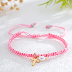 Pink Браслеты с подвесками из латуни и искусственного жемчуга, плетеные браслеты из полиэфирного шнура для женщин, овальные с листа, розовые, 11.02 дюйм (28 см)