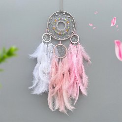 Pink Тканая паутина/сетка с украшениями из перьев, с железным кольцом, подвесные украшения для домашней спальни, розовые, 730 мм