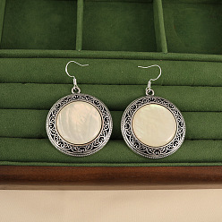 Античное Серебро Плоские круглые серьги-подвески из натурального сплава ракушек, античное серебро, 38 мм