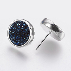 Marine Blue Brass Stud Earrings, with Druzy Resin Cabochon, Flat Round, Platinum, Marine Blue, 15.5x14mm, Pin: 0.7mm
