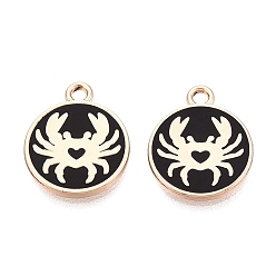 Negro Colgantes de la aleación del esmalte, Abalorios planos redondos y de cangrejo, chapado en rack, dorado, negro, 16x13x1.5 mm, agujero: 1.6 mm