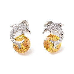 Золотистый Серьги-гвоздики из латуни с микропаве из кубического циркония, долговечный, дельфин с плоской кружкой, золотые, 14.5x11 мм