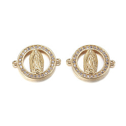 Золотой Латунные микро проложить кубических ссылки циркония, без кадмия и без свинца, плоские круглые с Девой Марией, золотые, 17x21x2 мм, отверстие : 0.8 мм