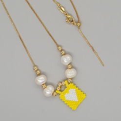 Желтый Летние стеклянные бусины квадратные с подвеской в виде сердца, ожерелья из натурального жемчуга и латунных бусин для женщин, золотые, желтые, 23.62 дюйм (60 см)