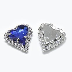 Sapphire Sew on Rhinestone, Multi-strand Links, Glass Rhinestone, with Platinum Tone Brass Prong Settings, Garments Accessories, Heart, Sapphire, 18x17x6mm, Hole: 0.8mm