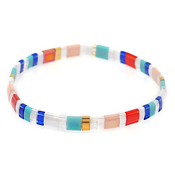 Colorful Bohemian Rainbow Glass Flat Double-Hole Bead Striped Women's Stretch Bracelets for Women, Colorful, 6.89 inch(17.5cm)