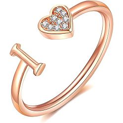 Letter I Регулируемые латунные кольца из манжеты из горного хрусталя, письмо и сердце, розовое золото , Буква "i", внутренний диаметр: 15~20 мм