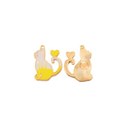 Yellow Zinc Alloy Enamel Pendants, Light Gold, Cat with Heart, Yellow, 26.5x21x1.5mm, Hole: 1mm