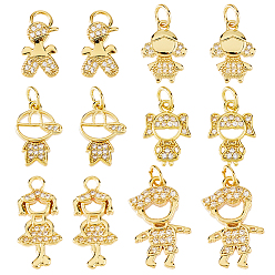 Настоящее золото 18K 12 шт 6 стили латунные подвески из микропаве с фианитом, шармы в форме человека , с целью перехода в кольце, реальный 18 k позолоченный, 12~20x8~12x1.5~3 мм, отверстие : 2~3.4 мм, 2 шт / стиль