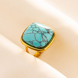 Синтетическая Бирюза Регулируемые 304 манжеты из нержавеющей стали с открытыми кольцами для женщин, квадратный, с синтетическими бирюзовый, золотые, 20 мм, внутренний диаметр: 17 мм