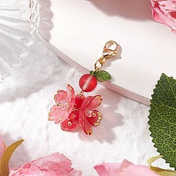 Индийский Красный Подвесные украшения из искусственного лунного камня и стекла, с 304 из нержавеющей стали Lobster Claw застежками, Индийская красная, 45 мм, Цветок: 32x18.5x18 мм