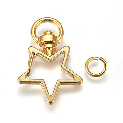 Golden Drehbare Hummerverschlüsse aus Zinklegierung, mit offenen Ringe springen, Stern, golden, 35x24 mm, 8x1 mm