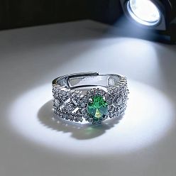 Зеленый Латунные микро проложить пальцев кольца кубического циркония, овальные, платина, зелёные, внутренний диаметр: регулируемый
