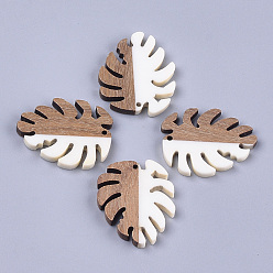 Creamy White Resin & Walnut Wood Pendants, Tropical Leaf Charms, Monstera Leaf, Creamy White, 37.5x30x3~3.5mm, Hole: 2mm