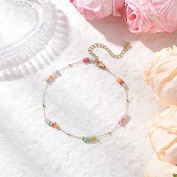 Золотой Браслеты на ногу из окрашенных дисков с натуральными бусинами из ракушек 304 из нержавеющей стали, красочный, золотые, 8-7/8 дюйм (226 мм)