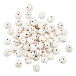 Old Lace Maple Wood European Beads, Printed, Large Hole Beads, Undyed, Round with Smiling Face, Old Lace, 17~18mm, Hole: 5mm