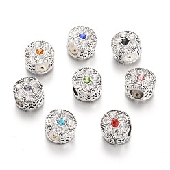 Mixed Color Large Hole Alloy Rhinestone European Beads, Flat Round, Antique Silver, Mixed Color, 11x9mm, Hole: 5mm