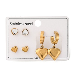 Золотой 304 комплект из сережек-гвоздиков и колец из нержавеющей стали для женщин, со стразами, сердце, золотые, 6.5x7 мм