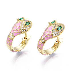 Бледно-Розовый Серьга-кольцо в виде змеи с зеленым кубическим цирконием, массивные серьги-кольца из латуни и эмали с покрытием из настоящего золота 18k для женщин, без никеля , розовый жемчуг, 20x18.5x10 мм, штифты : 1.5 мм