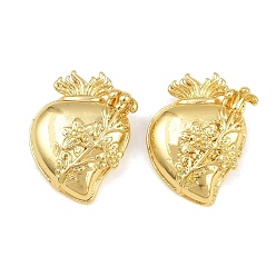 Oro Colgantes de latón, Sagrado corazón con amuletos florales, larga duración plateado, chapado en rack, sin plomo y cadmio, dorado, 24x17x6 mm, agujero: 3x3.5 mm