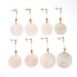 Golden Stud Earrings, with Brass Findings and 304 Stainless Steel Stud Earring Findings, with Ear Nuts, Flat Round & Flower, Real 18K Gold Plated, 63~70mm, Pin: 0.7mm