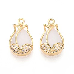 Цветок Латунные подвески с микропаве из прозрачных кубических цирконий кошачий глаз, реальный 18 k позолоченный, без никеля , цветок, 19x12x6 мм, отверстие : 1.6 мм