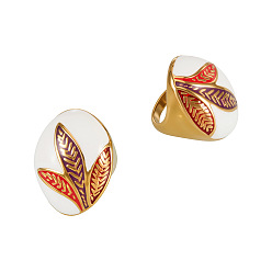 Golden 316L Surgical Stainless Steel Enamel Finger Rings, Oval with Leaf Pattern, Golden, US Size 7(17.3mm)