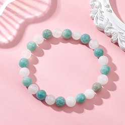 Смешанные камни Эластичные браслеты из натурального амазонита и белого нефрита для женщин., круглые, внутренний диаметр: 2.11 дюйм (5.35 см)