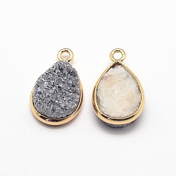 Silver Electroplate Natural Druzy Crystal Charms, with Golden Tone Brass Findings, teardrop, Dyed, Silver, 18x12x3~5mm, Hole: 2mm