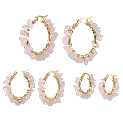 Rose Quartz 3 Pairs 3 Size Natural Rose Quartz Chips Hoop Earrings, 304 Stainless Steel Wire Wrap Earrings, 23~35x5~8.5mm, 1 Pair/size