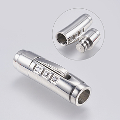 Couleur Acier Inoxydable 304 fermoirs à baïonnette en acier inoxydable, avec strass, Tube, couleur inox, 29x8x9mm, Trou: 5mm
