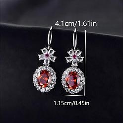 Red Brass Micro Pave Cubic Zirconia Flower with Oval Dangle Earrings for Women, Platinum, Red, 41x11.5mm